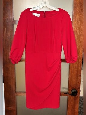 Donna Morgan Red Midi Sheath Dress with Puff Sleeves